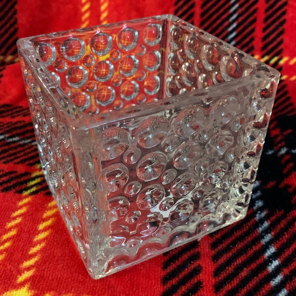 Vase, square with dimpled glass.